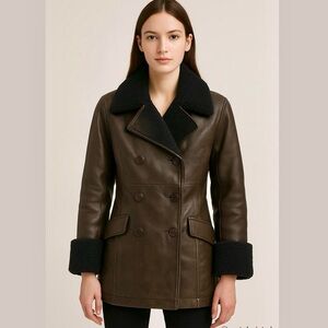 90s Vintage Toyko Fur Dark Brown Genuine Leather and Shearling Trim Peacoat S